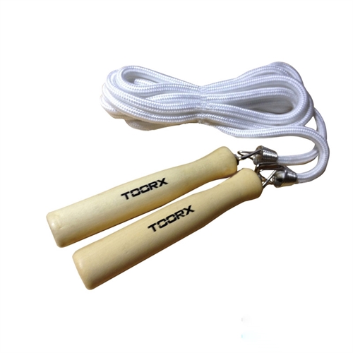 Toorx sjippetov med træhåndtag og hvid nylon snor. 